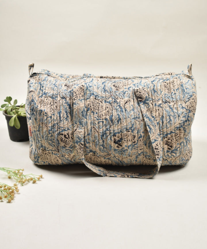 Grey blue hand painted cotton kalamkari bag