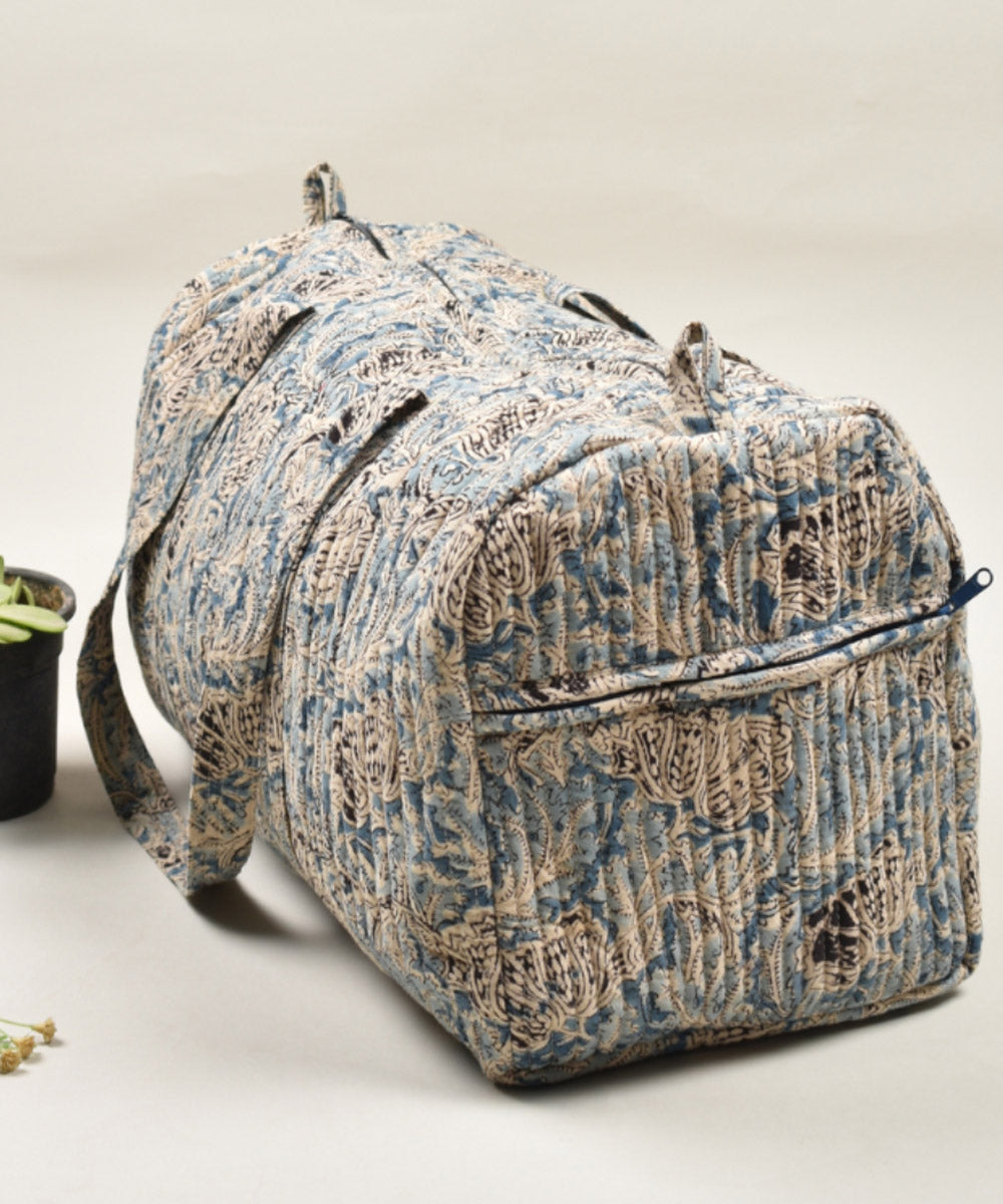 Grey blue hand painted cotton kalamkari bag