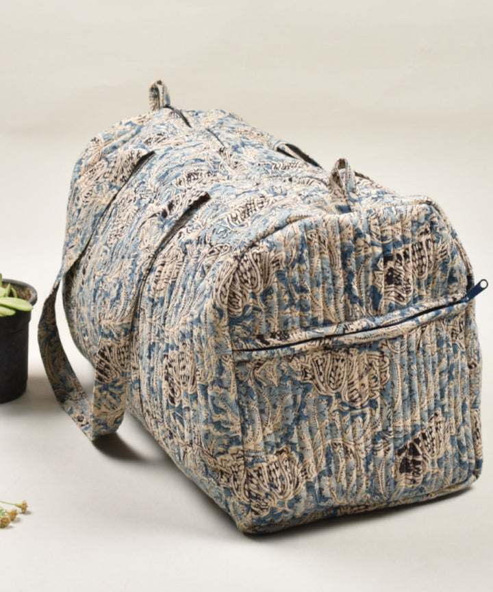 Grey blue hand painted cotton kalamkari bag