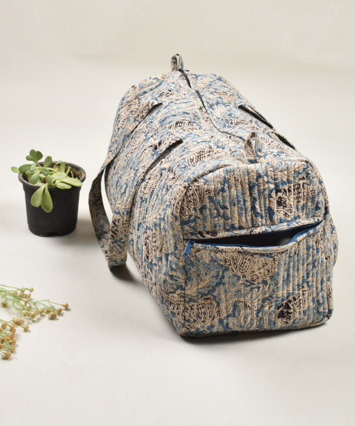 Grey blue hand painted cotton kalamkari bag