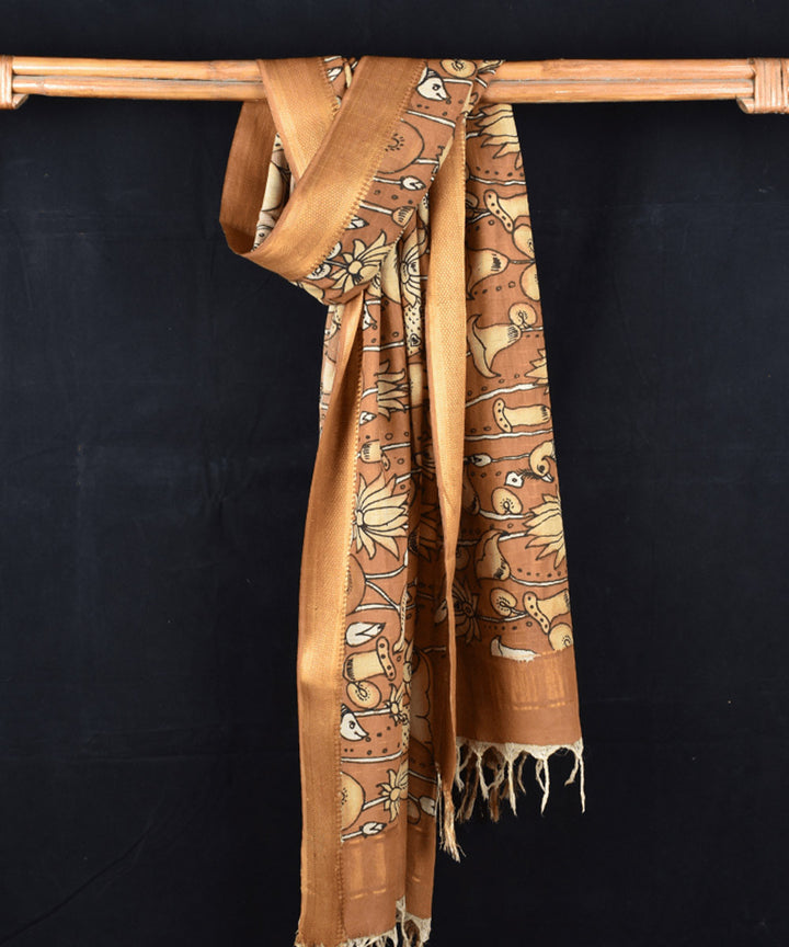 Golden brown beige hand painted cotton kalamkari dupatta