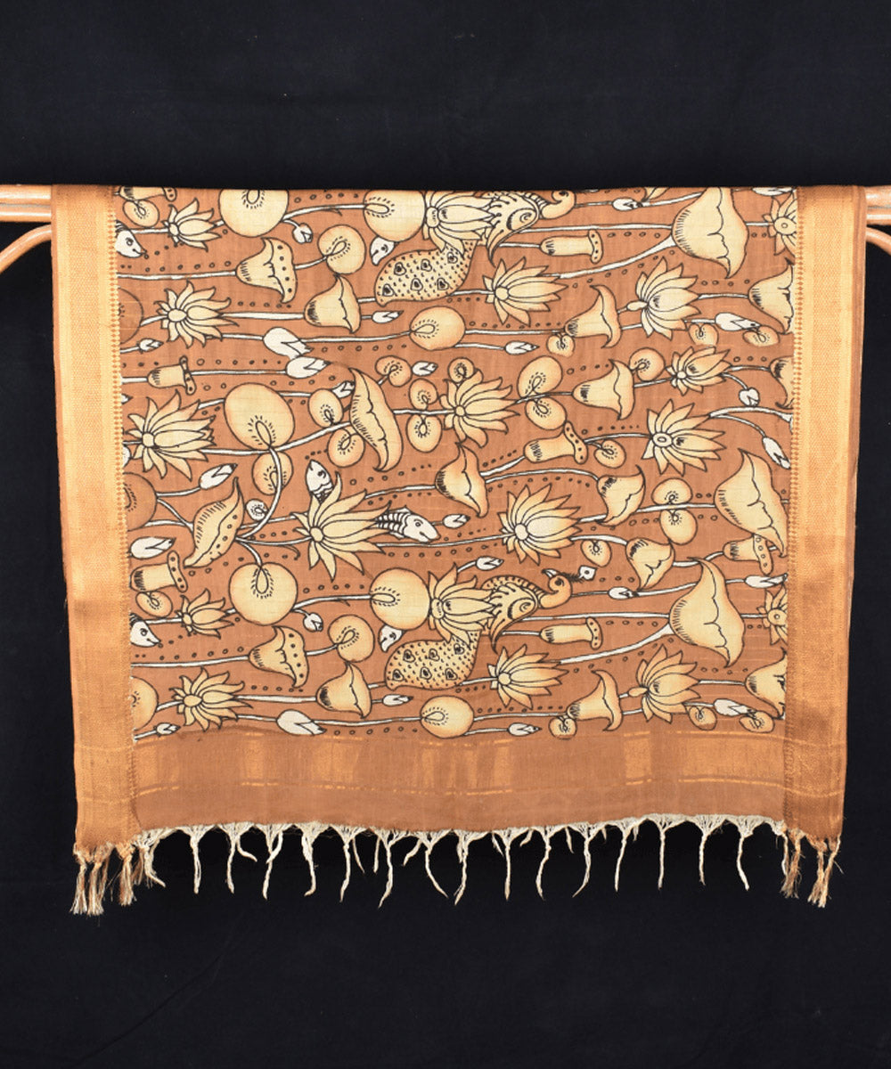 Golden brown beige hand painted cotton kalamkari dupatta