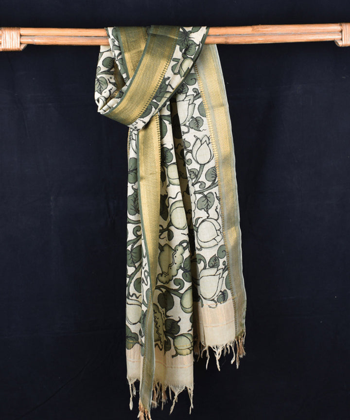 Dark green offwhite hand painted cotton kalamkari dupatta