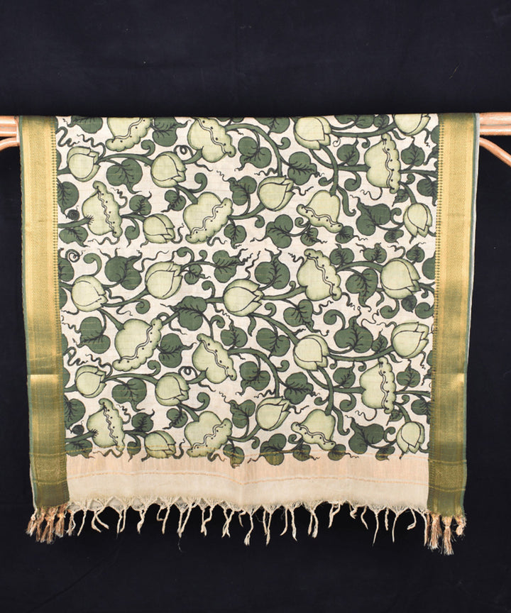 Dark green offwhite hand painted cotton kalamkari dupatta