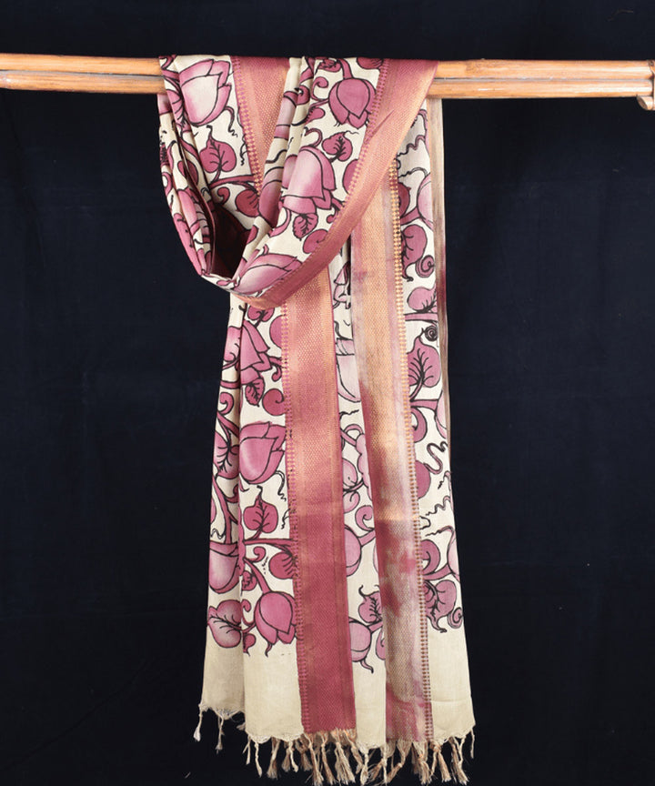 Pink offwhite hand painted cotton kalamkari dupatta