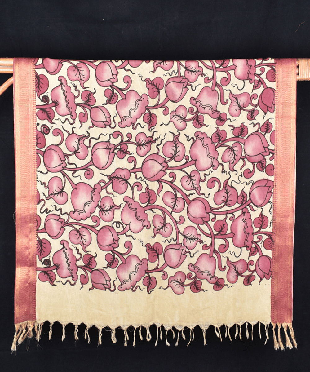 Pink offwhite hand painted cotton kalamkari dupatta