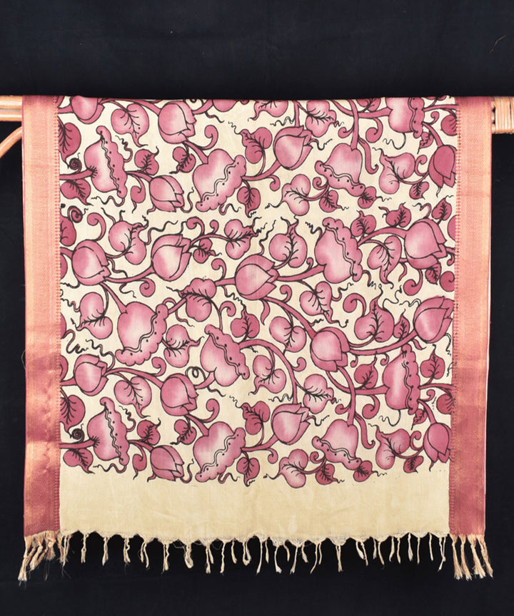 Pink offwhite hand painted cotton kalamkari dupatta