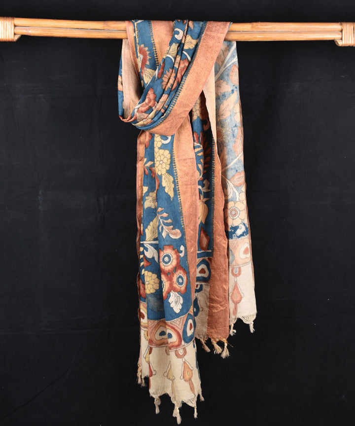 Indigo white hand painted cotton kalamkari dupatta