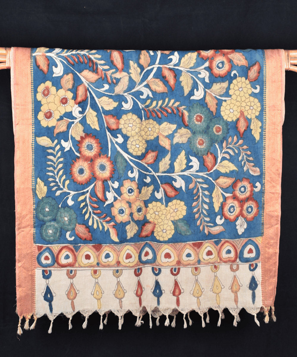 Indigo white hand painted cotton kalamkari dupatta