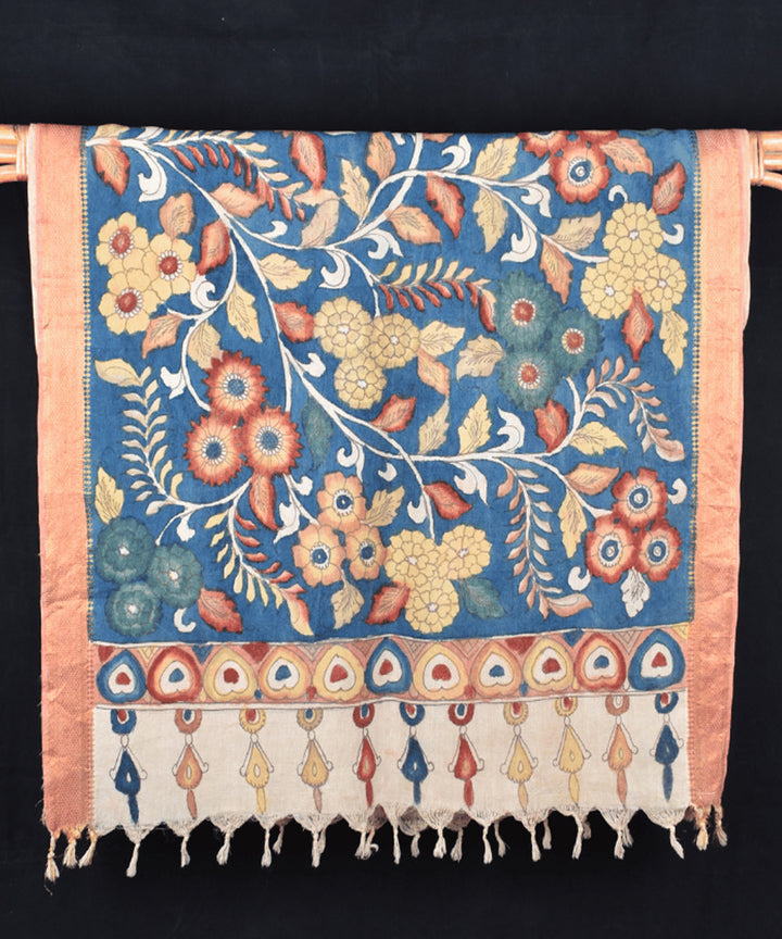 Indigo white hand painted cotton kalamkari dupatta