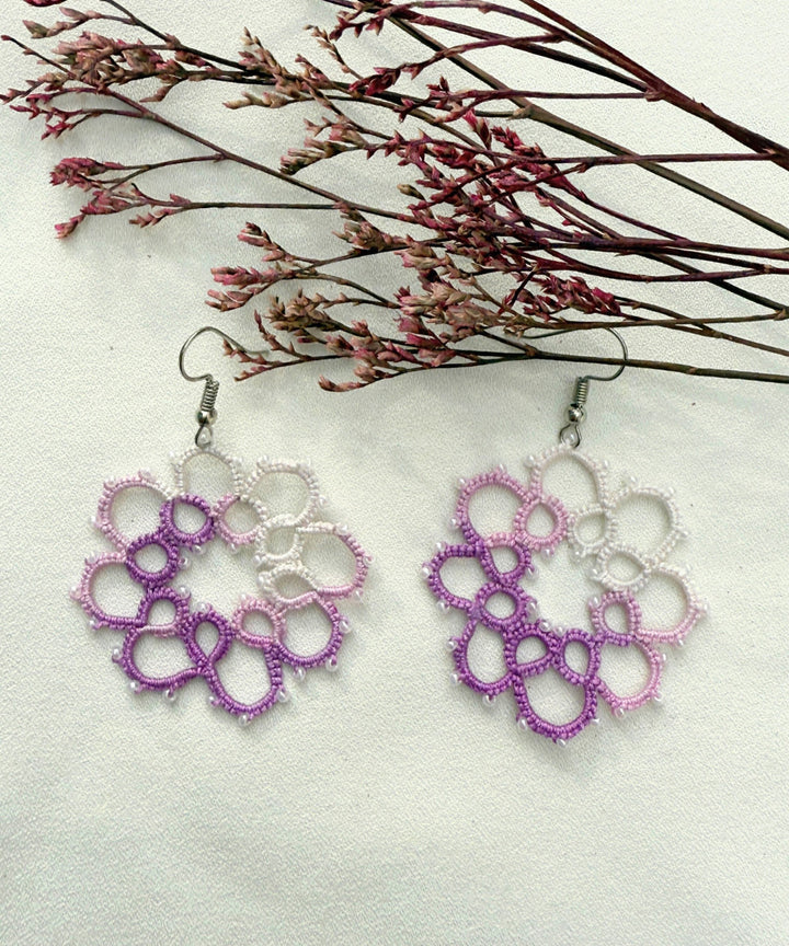 Purple handmade tatting fabric metal earring