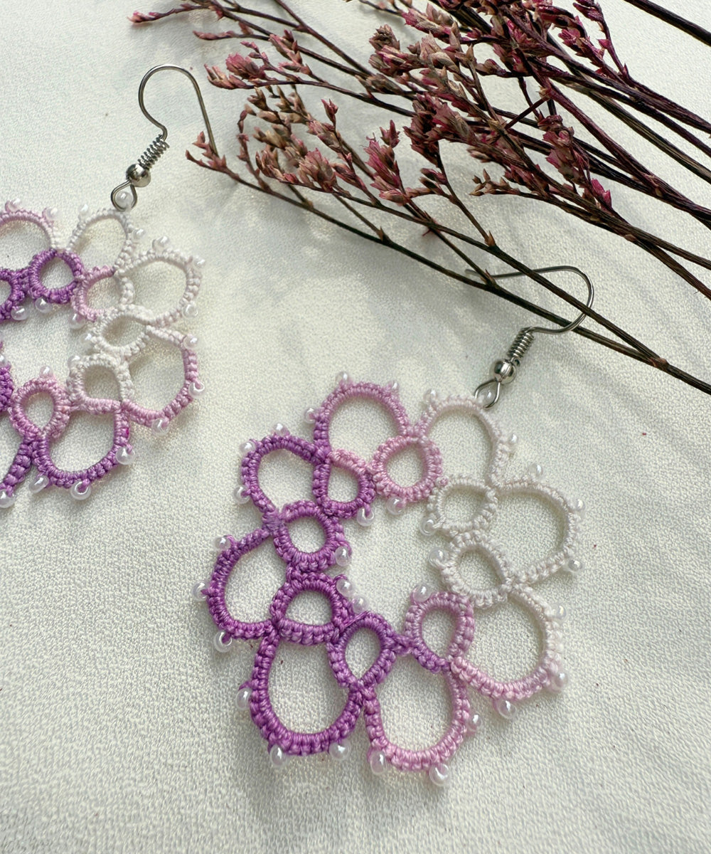 Purple handmade tatting fabric metal earring