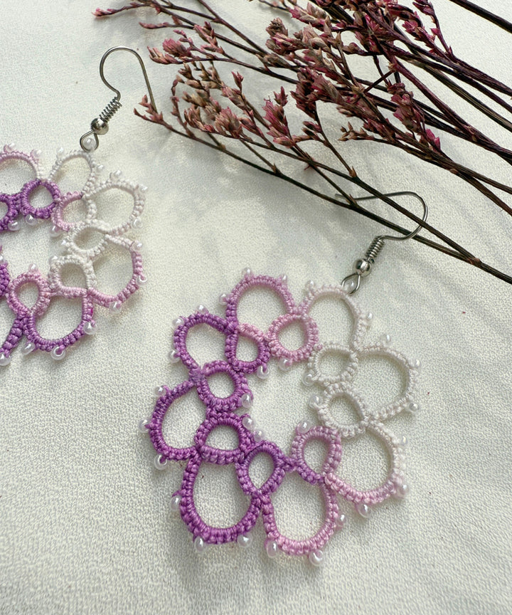 Purple handmade tatting fabric metal earring