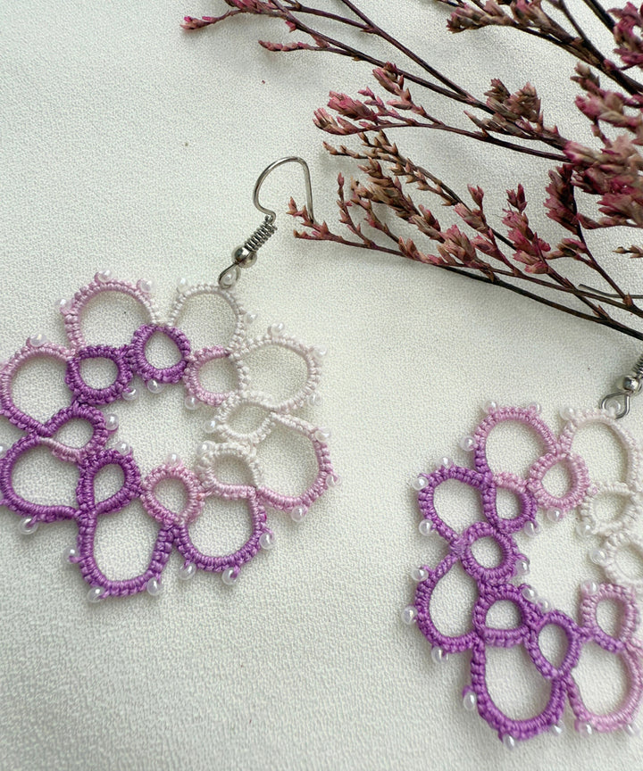 Purple handmade tatting fabric metal earring