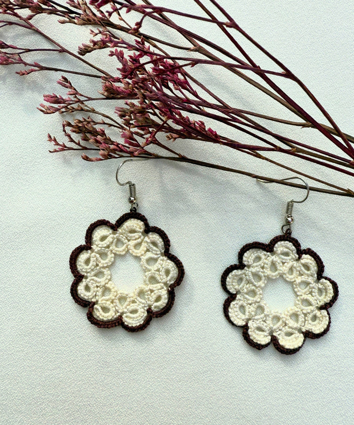 White black handmade tatting fabric metal earring