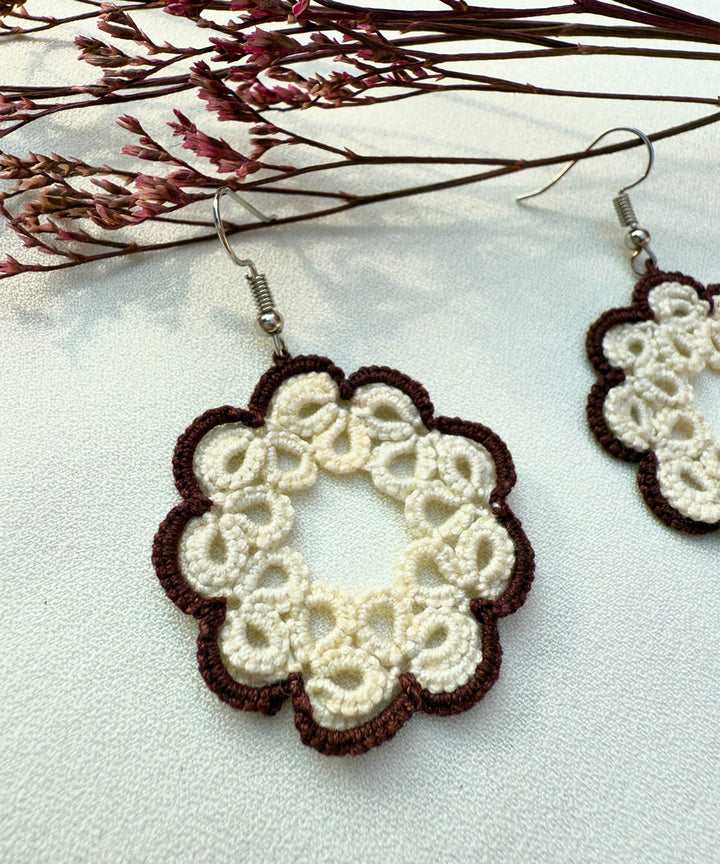 White black handmade tatting fabric metal earring