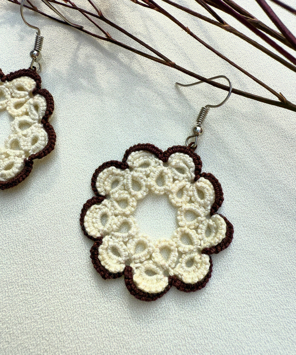 White black handmade tatting fabric metal earring