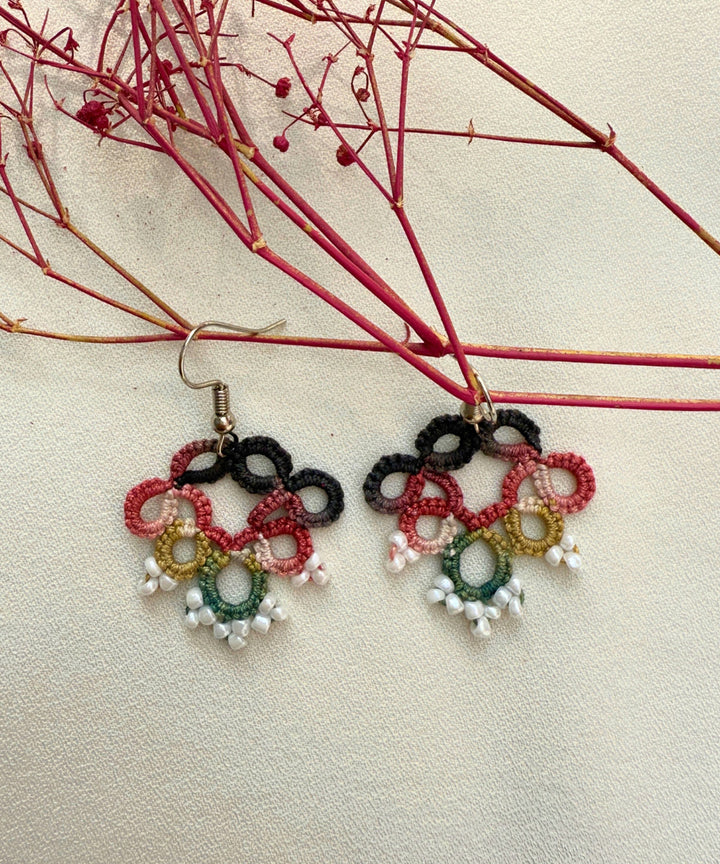 Multicolor handmade tatting fabric and metal earring