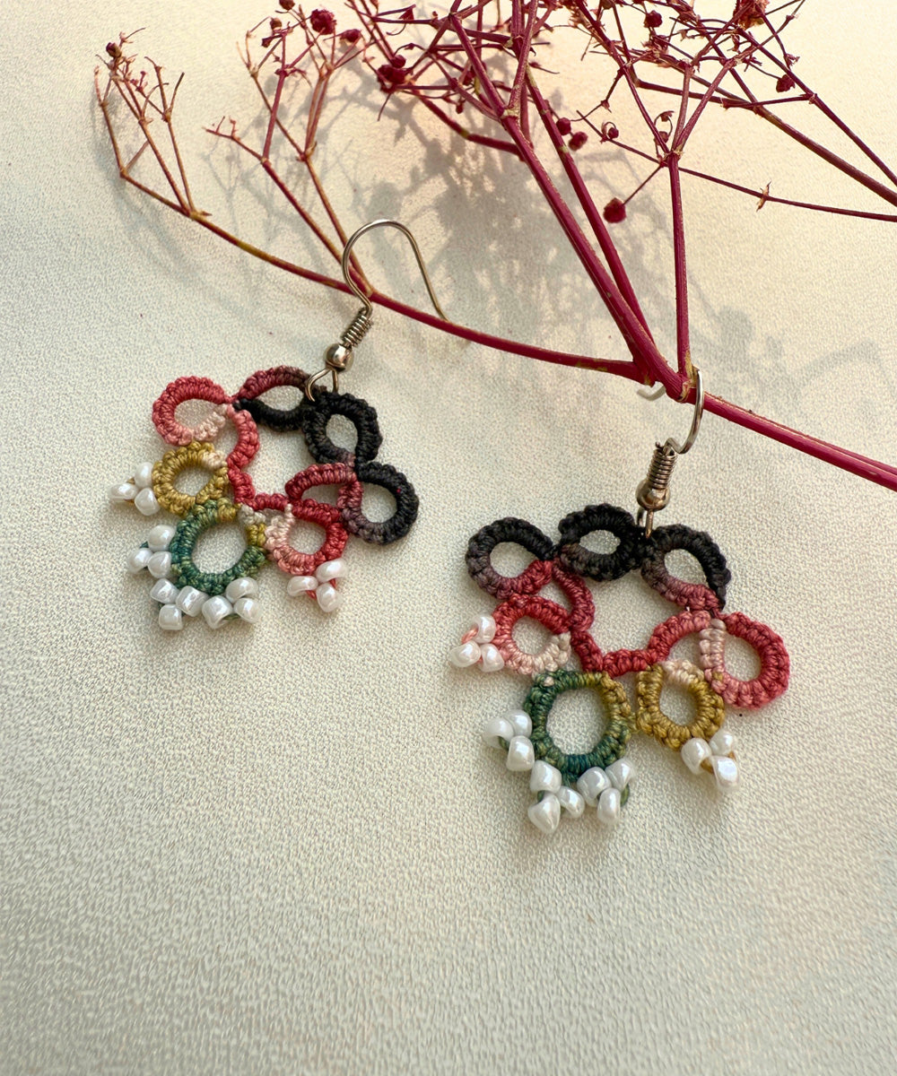 Multicolor handmade tatting fabric and metal earring