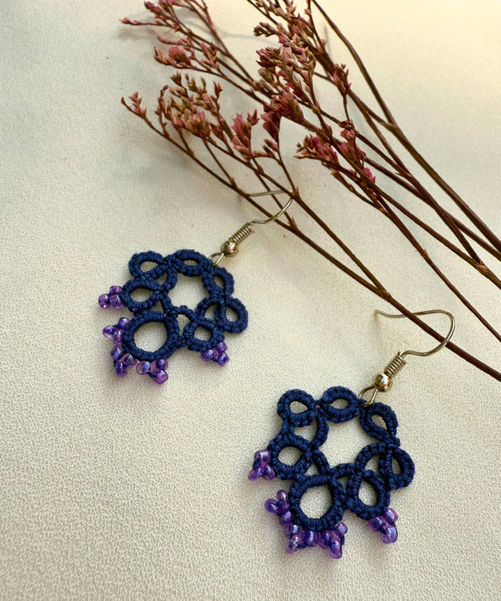 Navy blue tatting fabric and metal handmade earring