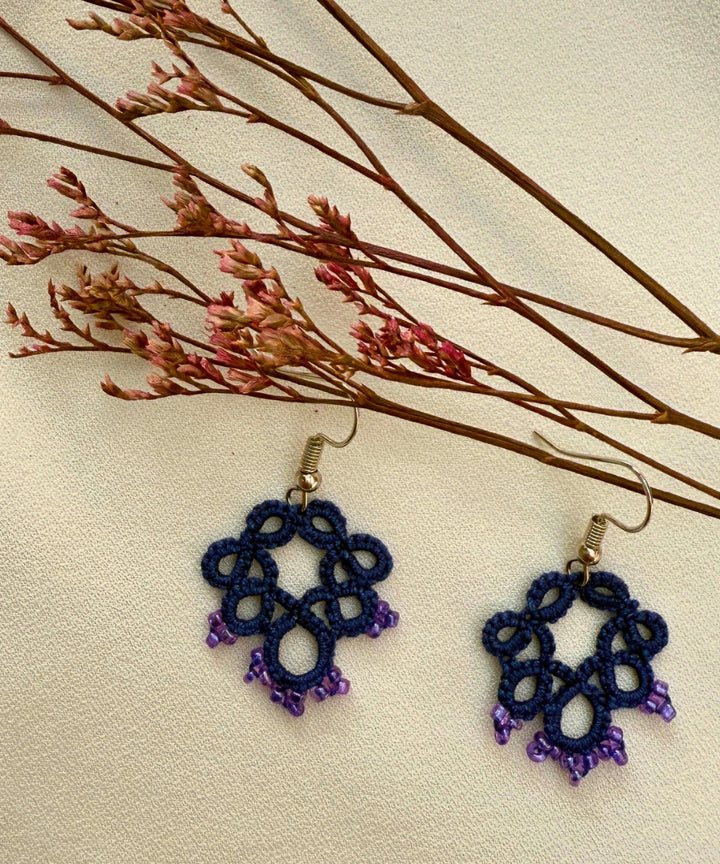 Navy blue tatting fabric and metal handmade earring