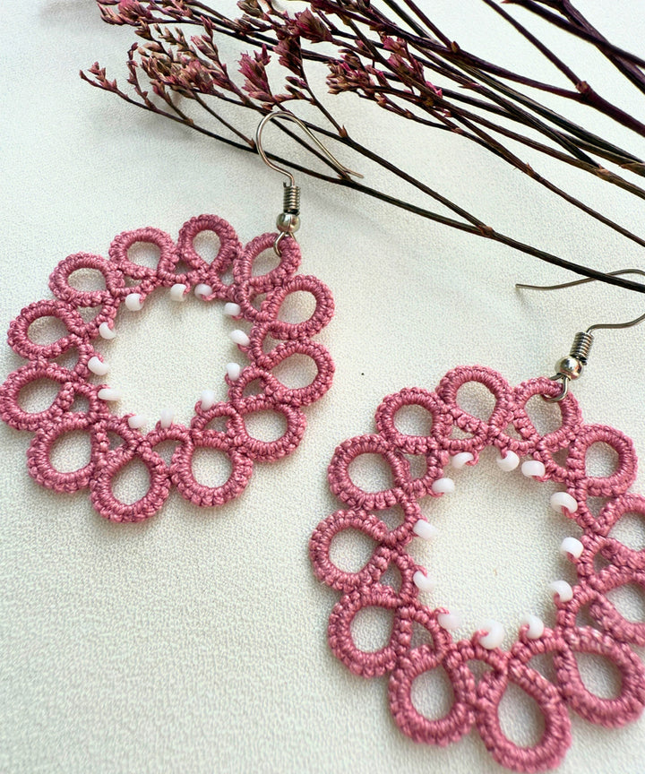 Pink white handmade tatting fabric and metal earring