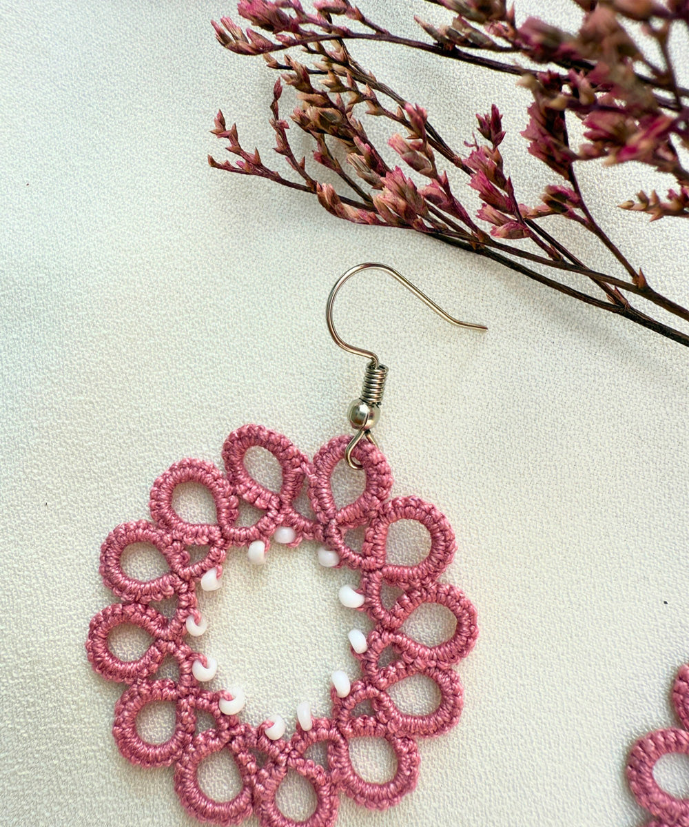 Pink white handmade tatting fabric and metal earring