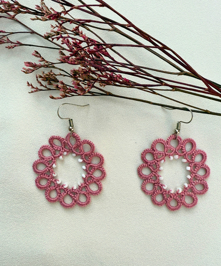 Pink white handmade tatting fabric and metal earring
