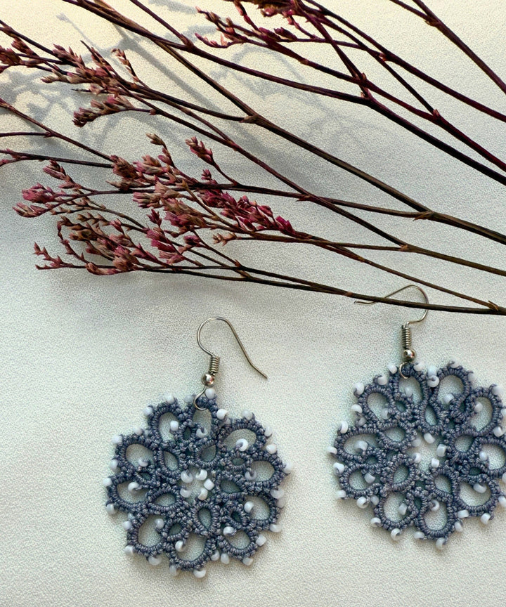 Grey handcrafted tatting fabric and metal earring