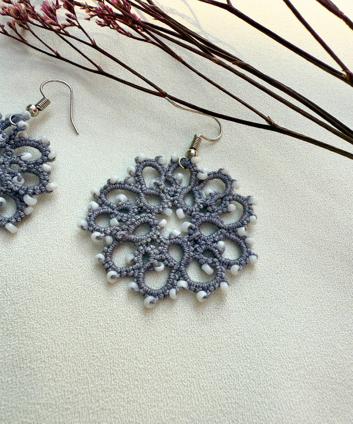 Grey handcrafted tatting fabric and metal earring