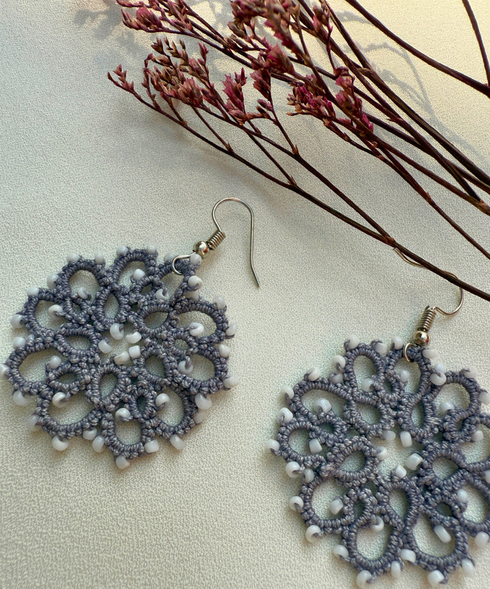 Grey handcrafted tatting fabric and metal earring