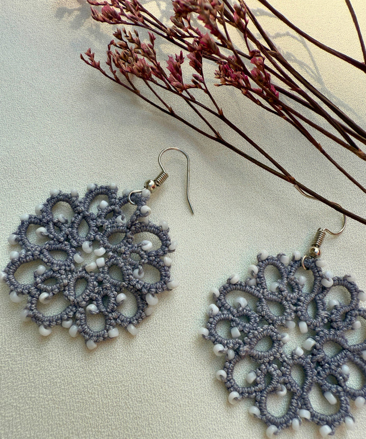 Grey handcrafted tatting fabric and metal earring