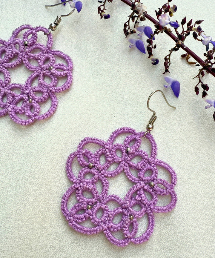 Purple handcrafted tatting fabric and metal earring