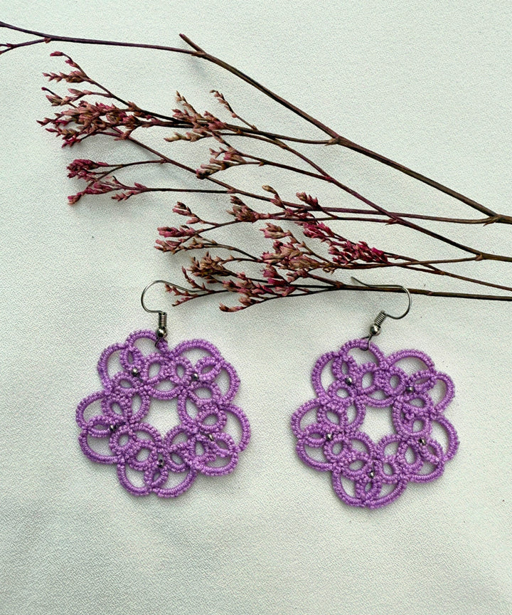 Purple handcrafted tatting fabric and metal earring