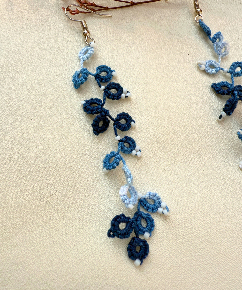 Navy blue handcrafted tatting fabric and metal earring
