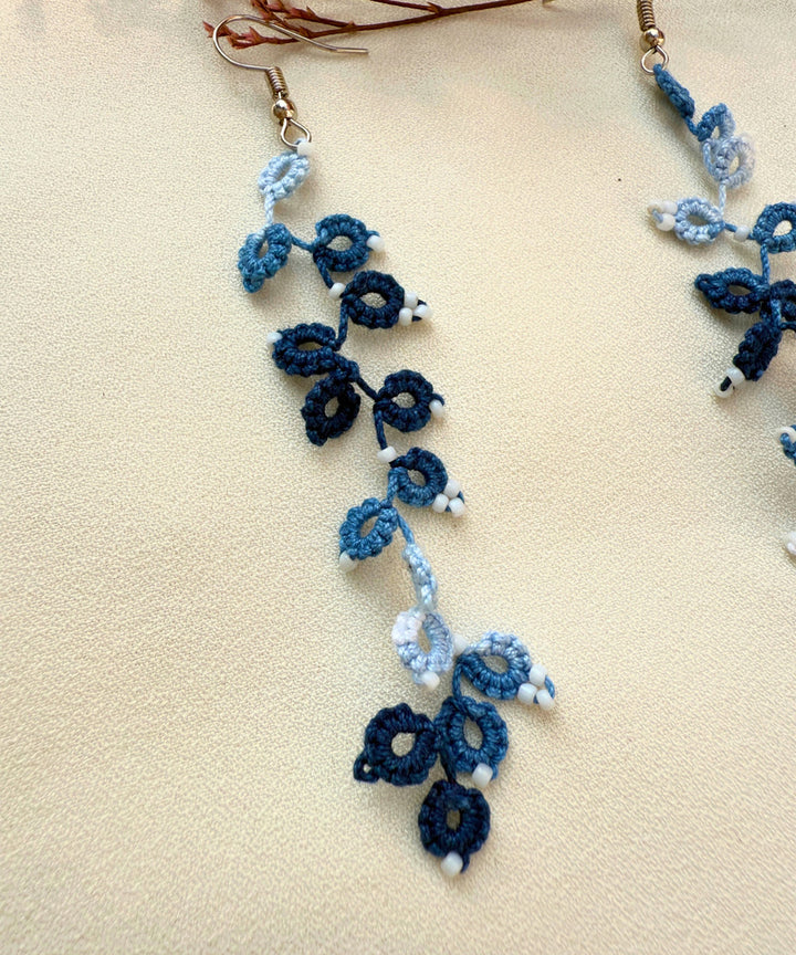 Navy blue handcrafted tatting fabric and metal earring