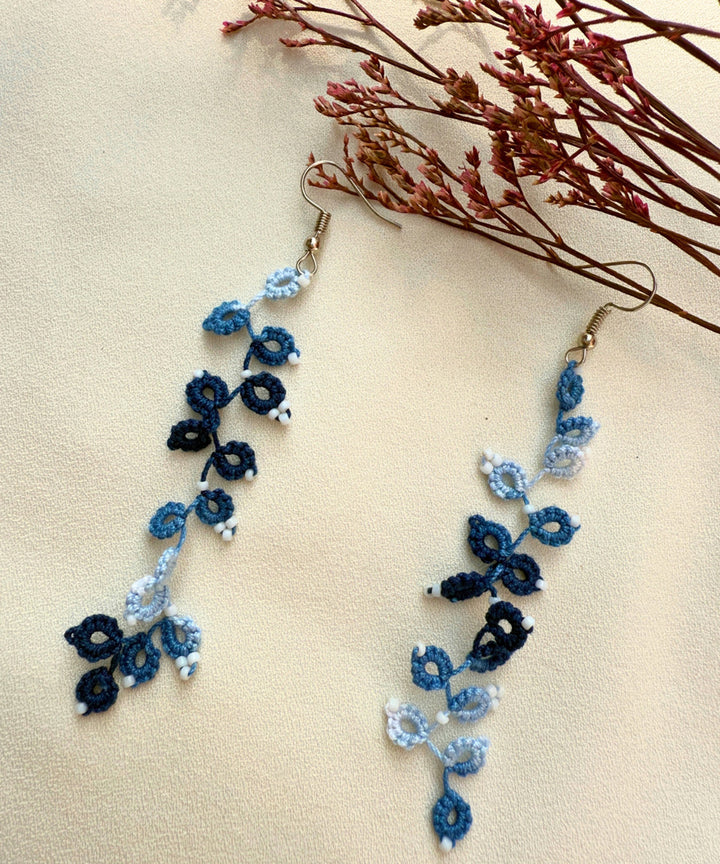 Navy blue handcrafted tatting fabric and metal earring