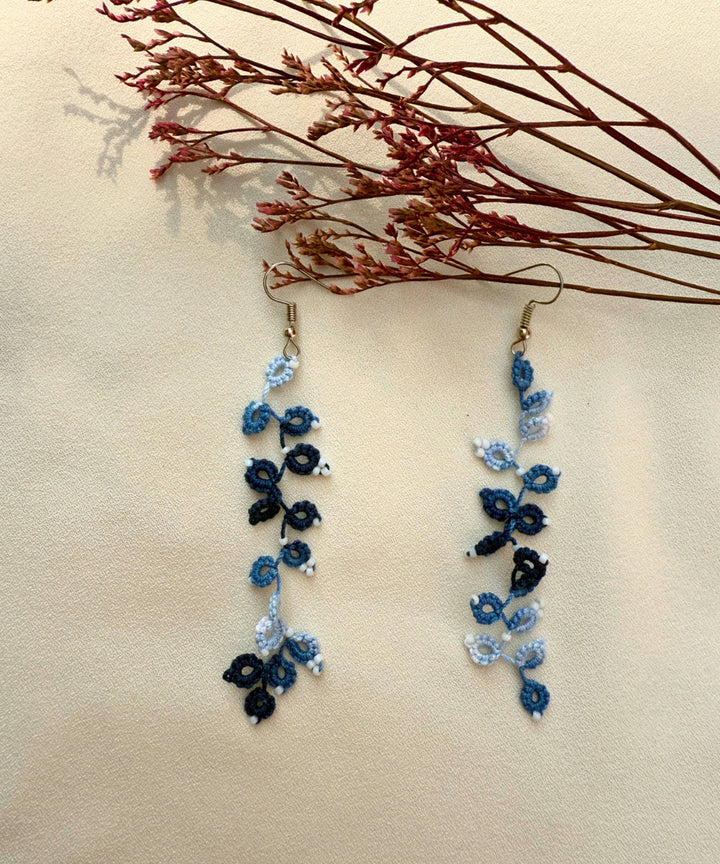 Navy blue handcrafted tatting fabric and metal earring