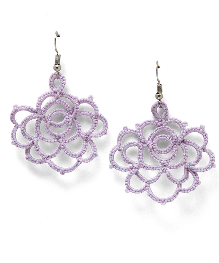 Purple handmade tatting fabric and metal earring