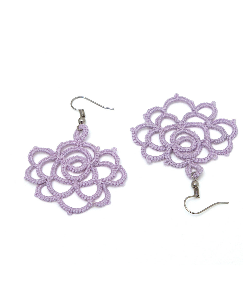 Purple handmade tatting fabric and metal earring