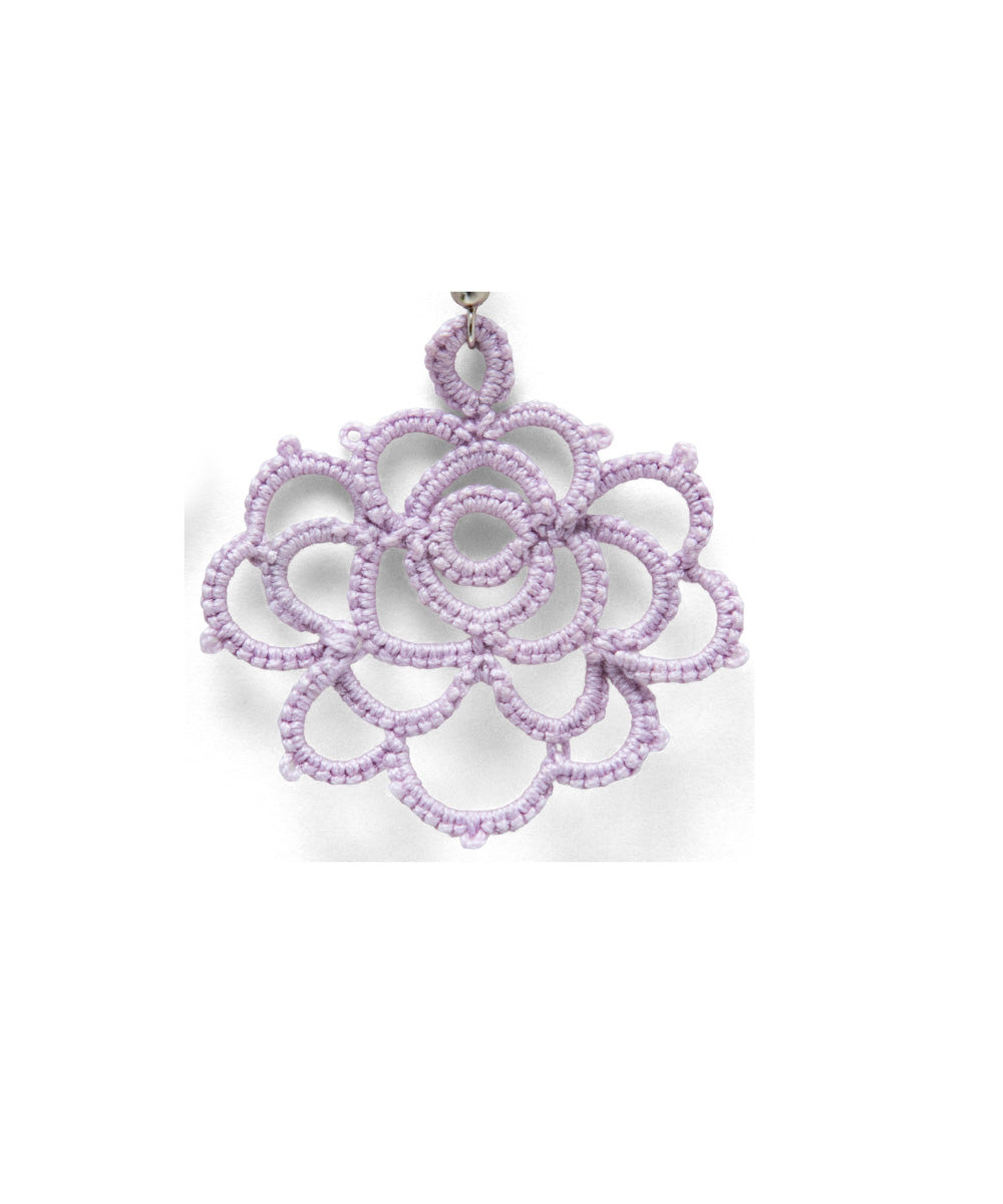 Purple handmade tatting fabric and metal earring