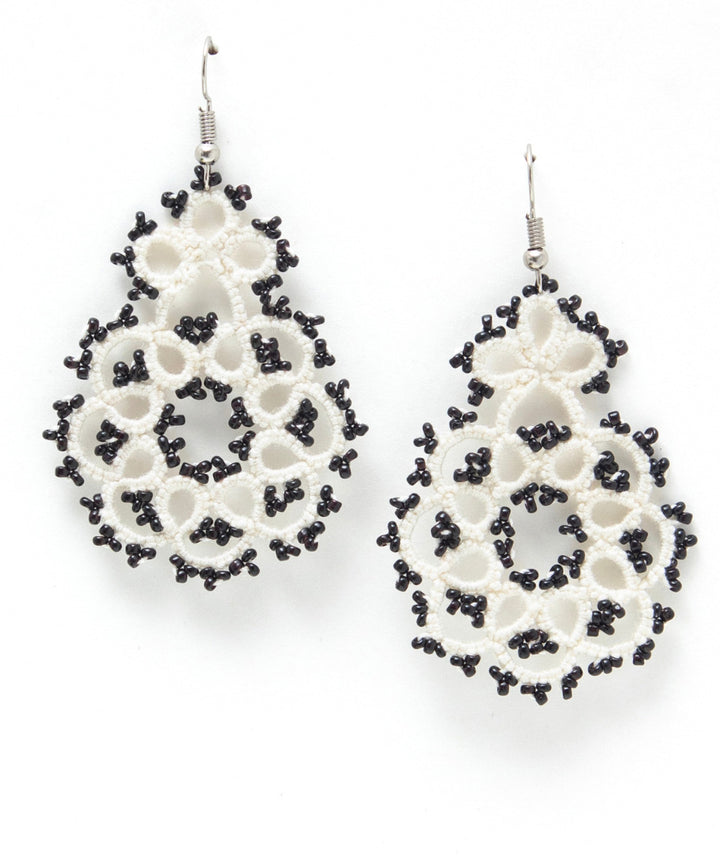 White handmade tatting fabric metal earring