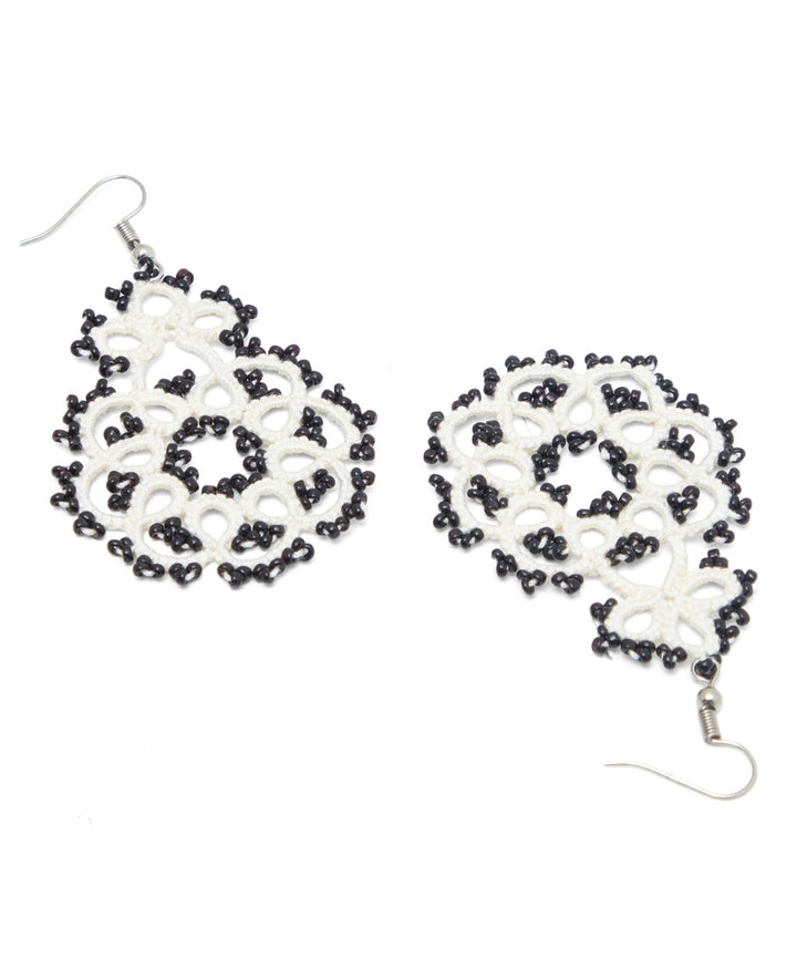 White handmade tatting fabric metal earring