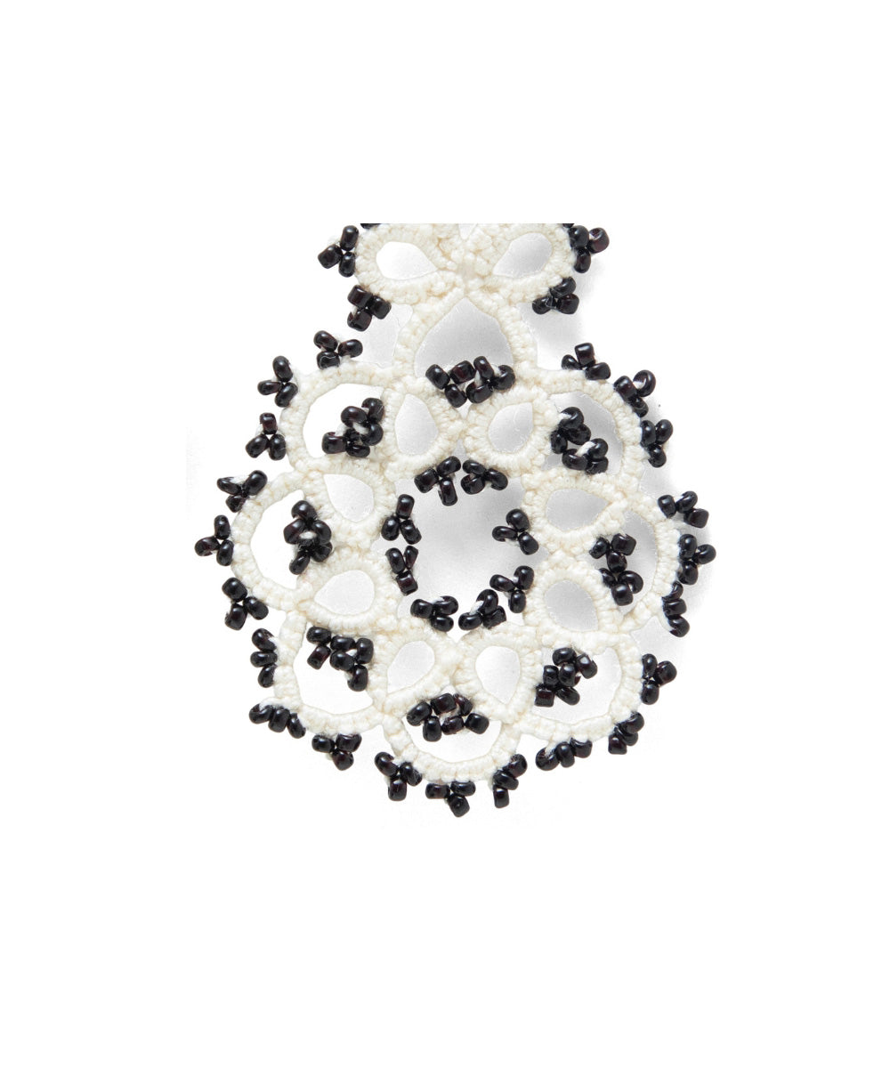 White handmade tatting fabric metal earring