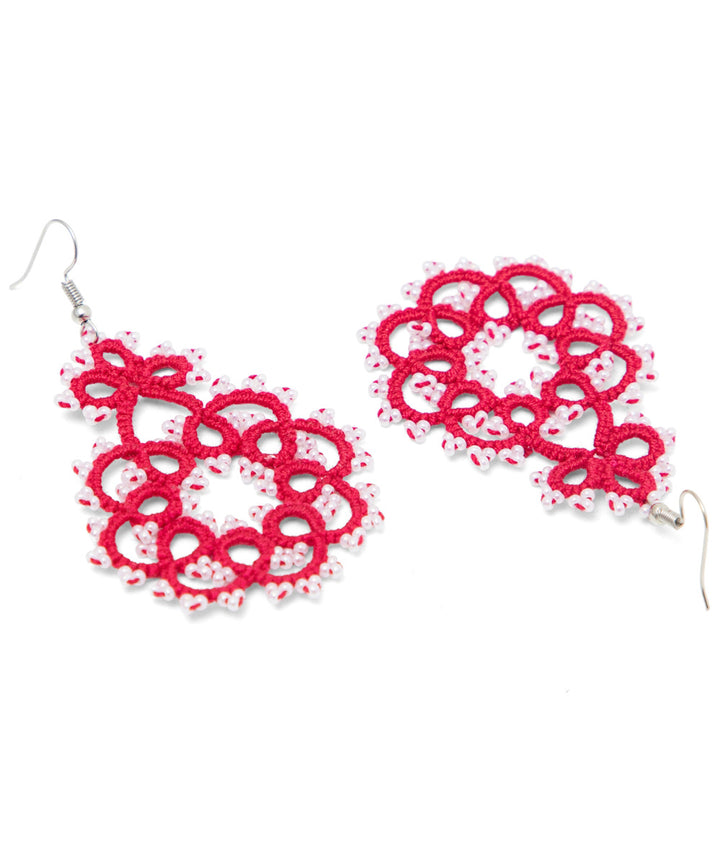 Red white handcrafted tatting fabric and metal earring