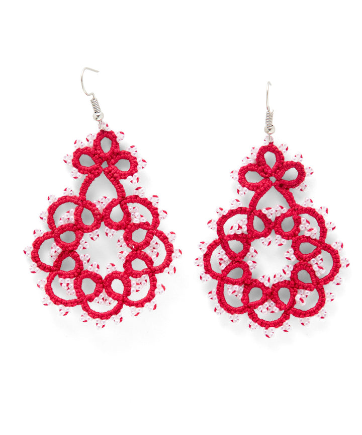 Red white handcrafted tatting fabric and metal earring