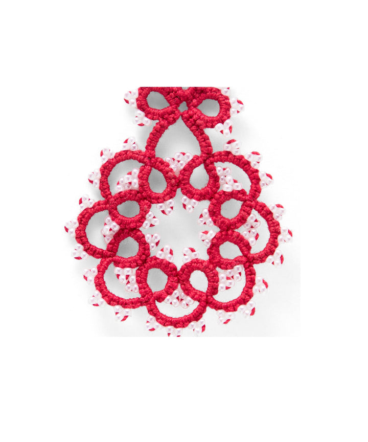 Red white handcrafted tatting fabric and metal earring
