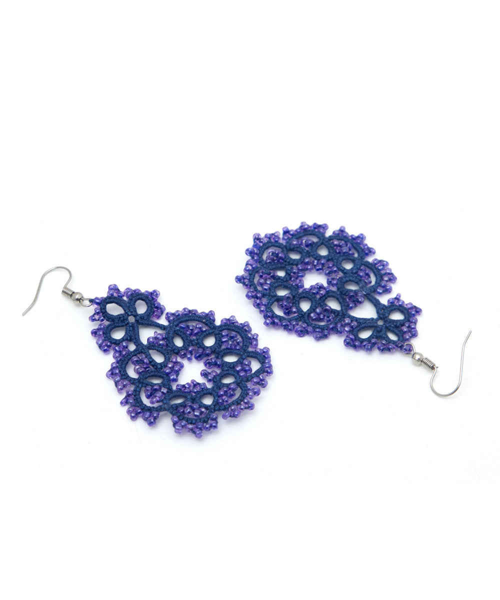 Navy blue tatting fabric metal handmade earring