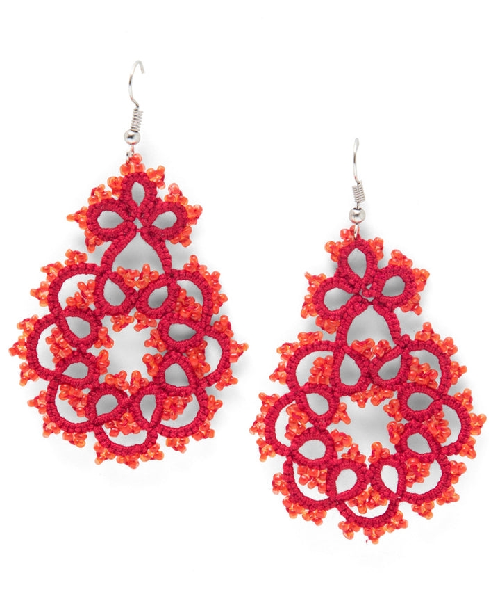 Red hand made tatting fabric and metal earring