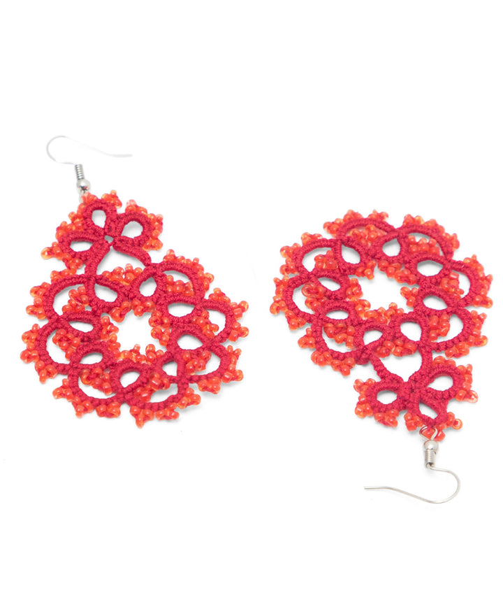 Red hand made tatting fabric and metal earring